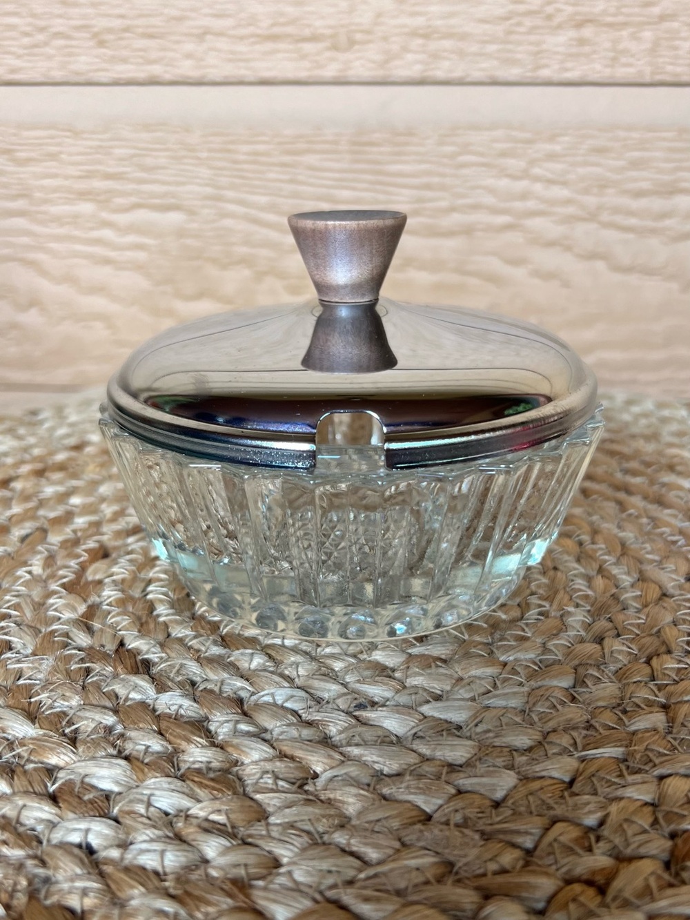 Vintage Kromex Mid Century Cut Glass Condiment Bowl w/ Lid Silver Top